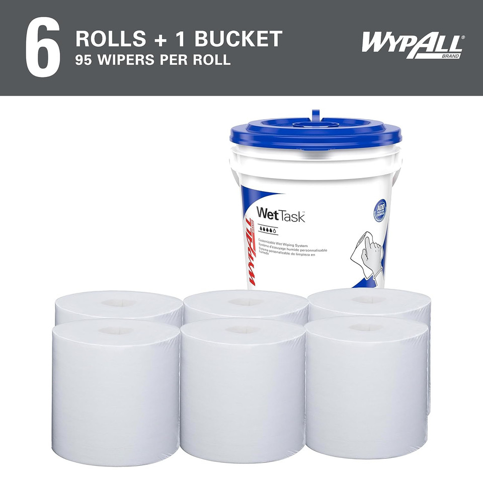 WypAll® PowerClean WetTask Wipers for Solvents System (06001), Center-Pull Roll, White, Bucket Included (95 Sheets/Roll, 6 Rolls/Case, 570 Sheets/Case)