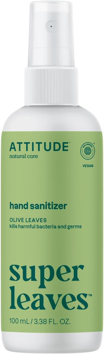 Attitude Hand Sanitizer Spray For Adults And Kids, Ewg Verified, Kills Bacteria And Germs, Vegan, Olive Leaves, 3.38 Fl Oz (Spray Bottle)3.50 Fl Oz (Pack Of 1)