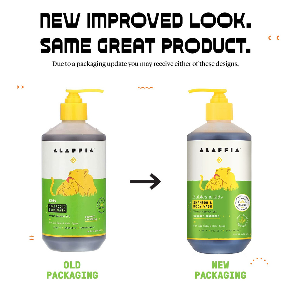 Alaffia Everyday Coconut Shampoo & Body Wash - Babies And Kids, Gentle And Non-Irritating Support For Soft Hair And Skin With Yarrow And Chamomile, Fair Trade, Coconut Chamomile 16 Fl Oz