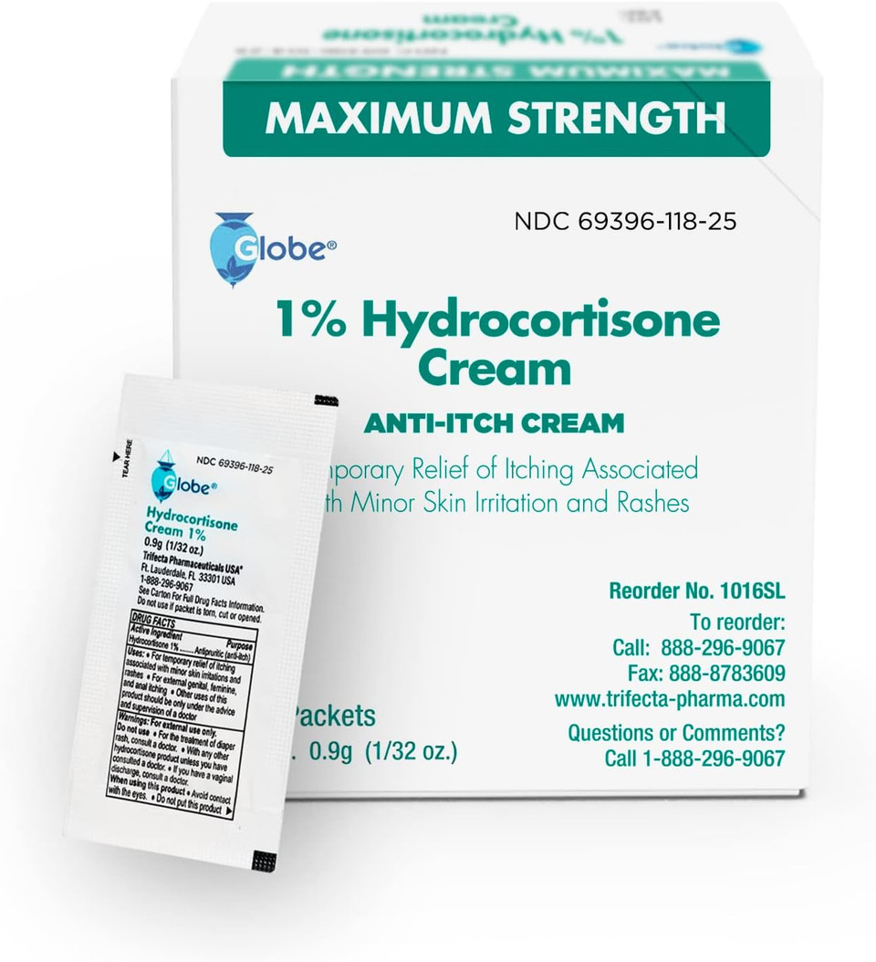 Globe (Box 25 Hydrocortisone 1% Maximum Strength Cream, (0.9G Single Packet) Anti-Itch Cream For Redness, Swelling, Itching, Rash, Bug/Mosquito Bites, Eczema, Hemorrhoids & More25 Count