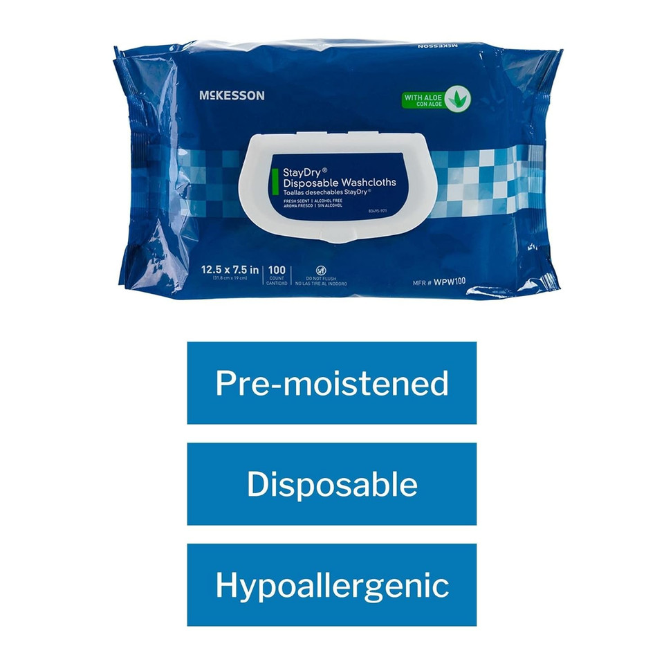 Mckesson Staydry Disposable Wipes Or Washcloths For Adults With Aloe, Incontinence, Alcohol-Free, Not-Flushable, 100 Wipes, 1 Pack100 Count (Pack Of 1)