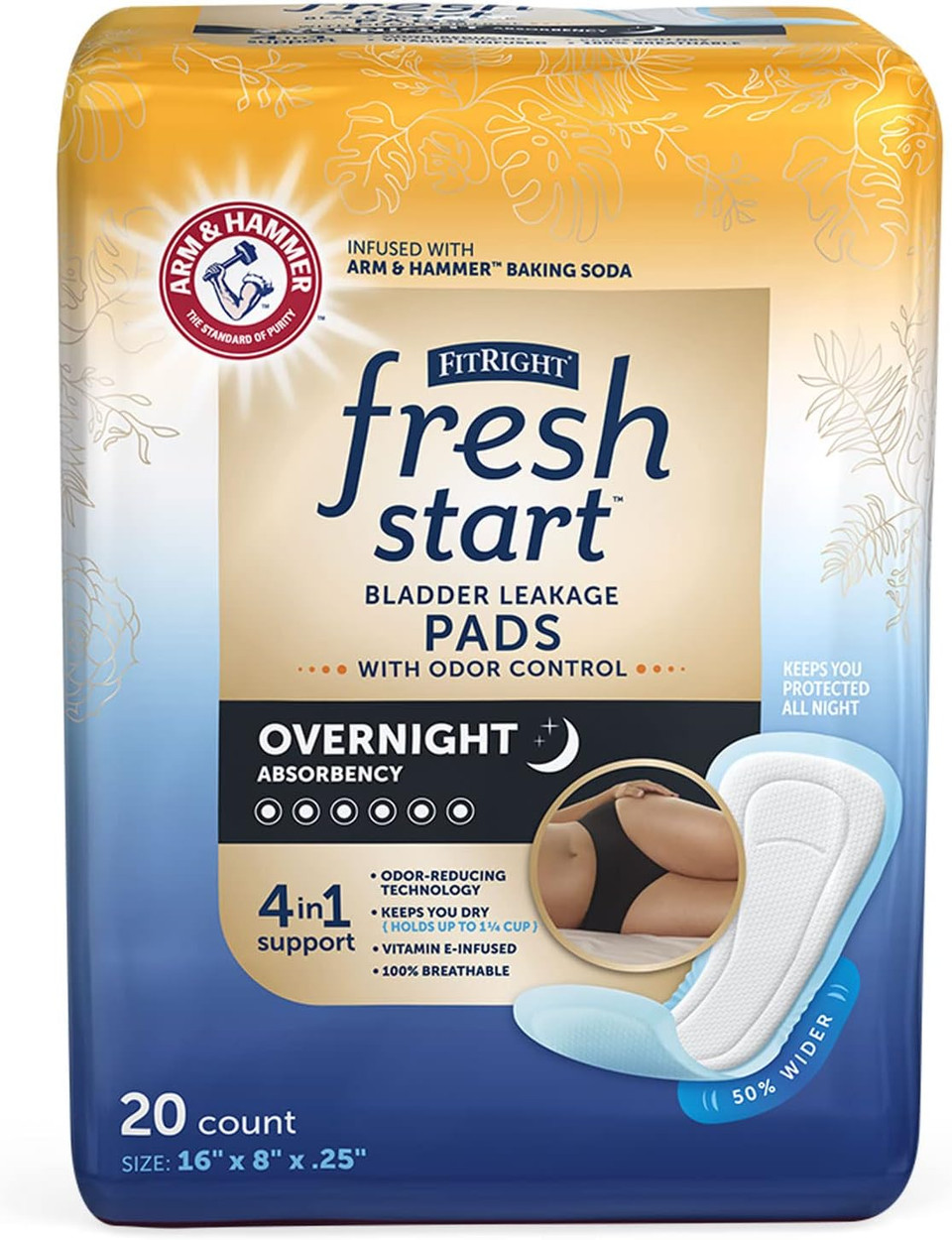 FitRight Fresh Start Postpartum and Incontinence Pads for Women, Overnight Absorbency (20 Count) Bladder Leakage Pads with The Odor-Control Power of ARM & Hammer (20 Count, Pack of 1)