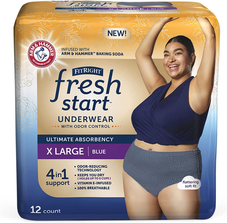 Fitright Fresh Start Incontinence And Postpartum Underwear For Women, Xl, Blue (12 Count) Ultimate Absorbency, Disposable Underwear With The Odor-Control Power Of Arm & Hammer