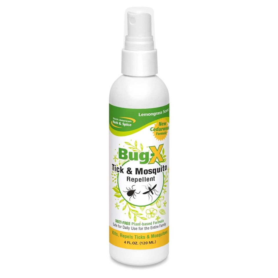North American Herb & Spice Bug-X, Lemongrass Scent - 4 Fl Oz - Kills & Repels Ticks + Mosquitoes - Deet-Free, Plant-Based Formula