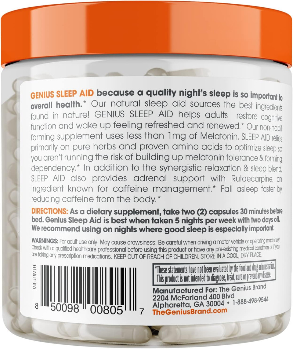 Genius Sleep Aid  Smart Sleeping Pills & Adrenal Fatigue Supplement - Relaxation Enhancer And Mood Support W/Inositol, L-Theanine & Glycine  40 Capsules
