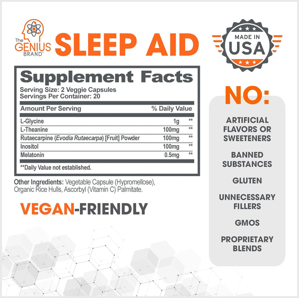 Genius Sleep Aid  Smart Sleeping Pills & Adrenal Fatigue Supplement - Relaxation Enhancer And Mood Support W/Inositol, L-Theanine & Glycine  40 Capsules