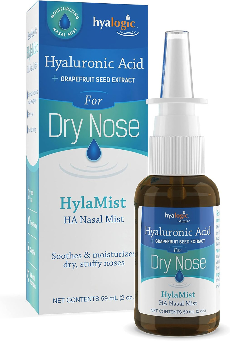 Hyalogic Hylamist - Hyaluronic Acid Nasal Mist - Soothes Dry Nose - Moisturizes Stuffy Nose - Contains Grapefruit Seed Extract With Antioxidant Properties - 2 Oz