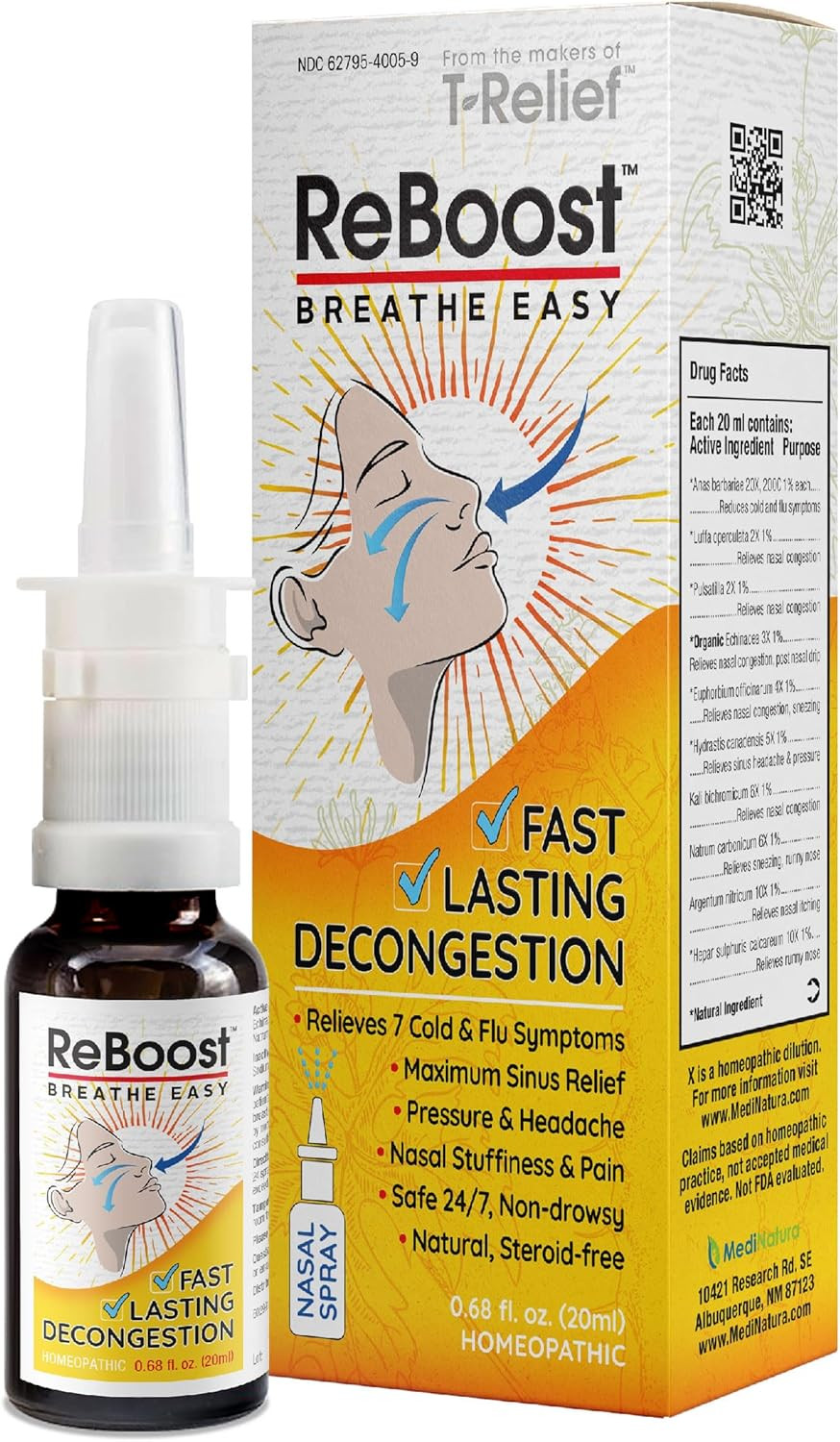 Reboost Breathe Easy Decongestion Nasal Spray Fast-Acting Cold & Flu Symptom Relief Natural Homeopathic Ingredients Help Calm Congestion, Headache & Sinus Pressure - 0.68 Oz