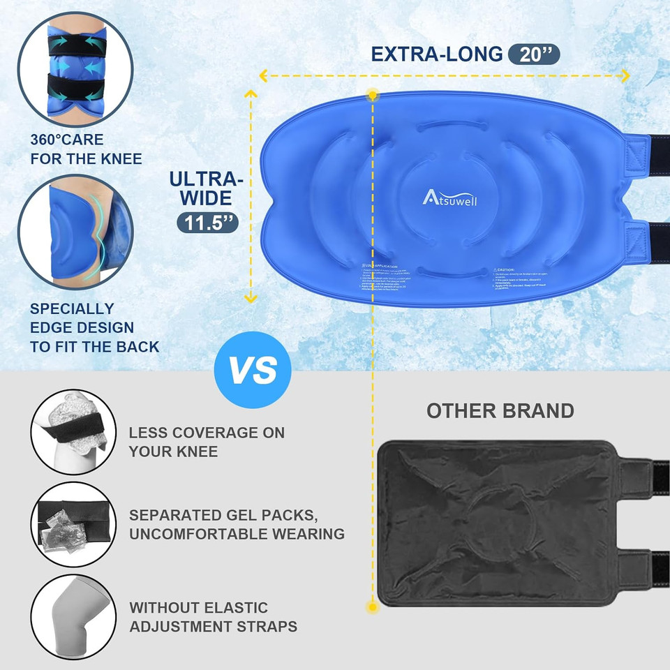 Atsuwell 20'' Xxl Knee Ice Pack Wrap Around Entire Knee After Surgery, Extra Large Gel Ice Pack For Knee Replacement Surgery, Injuries, Swelling, Knee Cold Pack Wrap With Soft Plush Backing, 1 Packblue