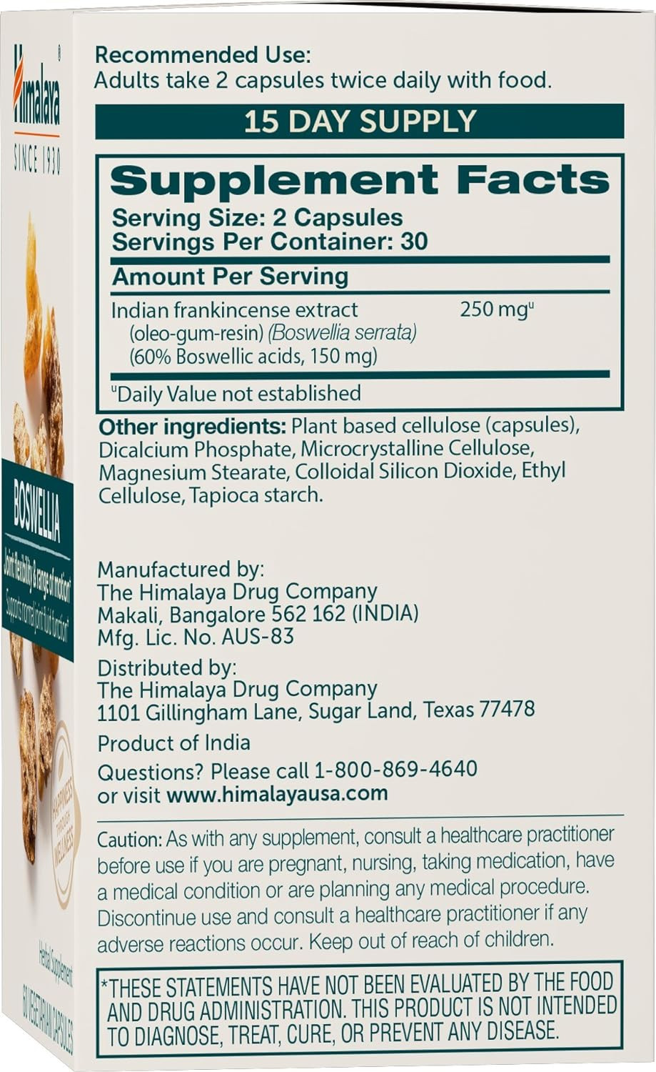 Himalaya Boswellia, Joint Support For Mobility And Flexibility, Promotes Tissue Preservation, 250 Mg, 60 Capsules, 1 Month Supply, 2 Pack60 Count (Pack Of 2)