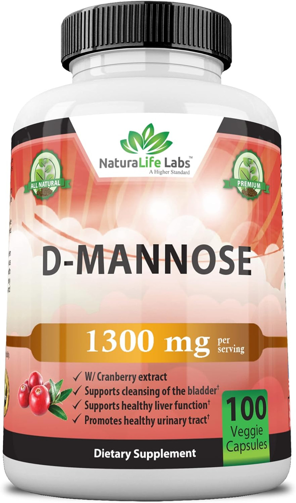 D-Mannose 1,300 Mg With Cranberry Extract Fast-Acting, Flush Impurities, Natural Urinary Tract Health- 100 Veggie Capsules