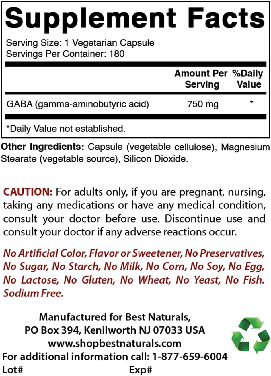 Best Naturals Gaba Supplement 750Mg 180 Veggie Capsules, Naturals Sleep Aid