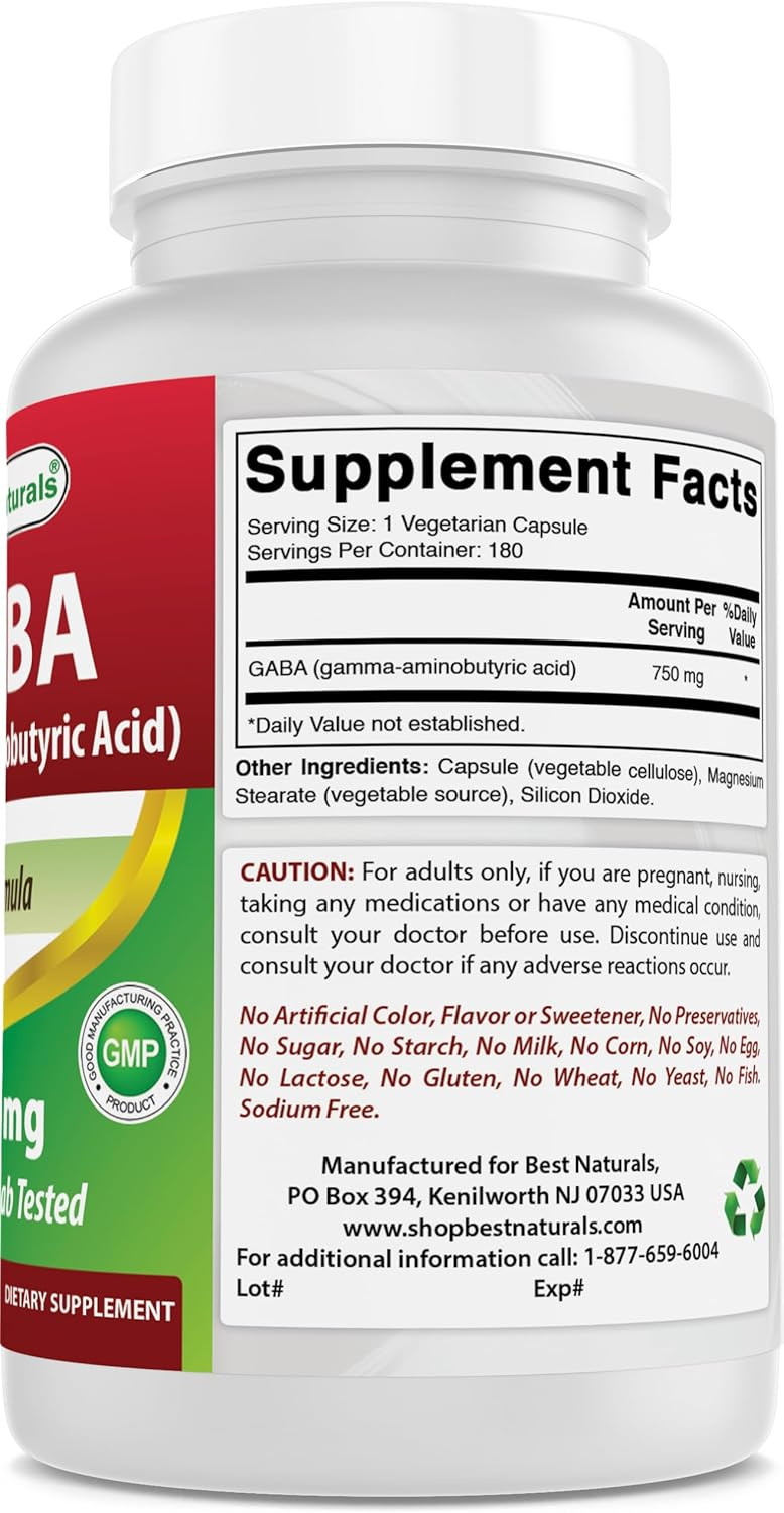 Best Naturals Gaba Supplement 750Mg 180 Veggie Capsules, Naturals Sleep Aid