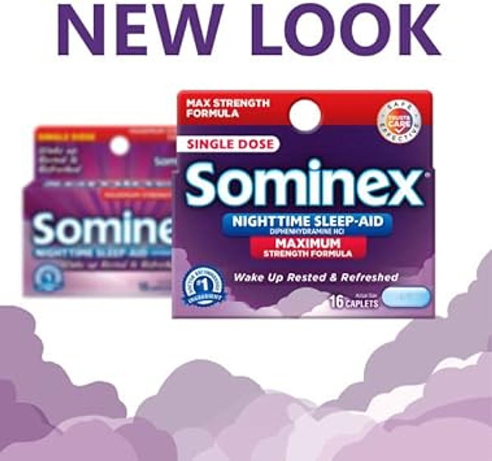 Sominex Nighttime Sleep-Aid, Maximum Strength Formula, Safe, Effective And Non-Habit Forming - Packaging May Vary - 50Mg Caplets, 16 Count In Each (Pack Of 6)
