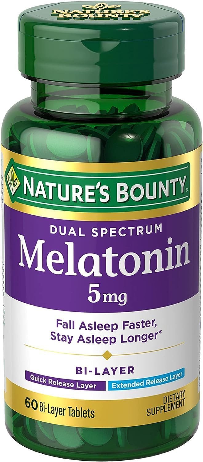 Nature'S Bounty Melatonin 5Mg Dual Spectrum, 100% Drug Free Sleep Supplement, Quick Release And Extended Release, Promotes Relaxation And Sleep Health, 60 Bi-Layer Tablets60 Count (Pack Of 1)