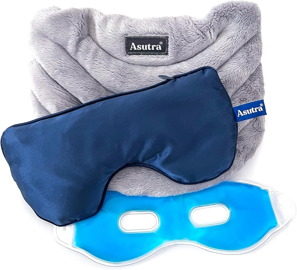 ASUTRA Navy Silk Eye Pillow and Grey Weighted Neck Wrap Bundle Set | Weighted Eye Mask Filled w/Lavender & Flax Seeds | Hands-Free Heat Pad and Cooling Neck WrapNavy Eye Pillow and Neck Wrap Bundle