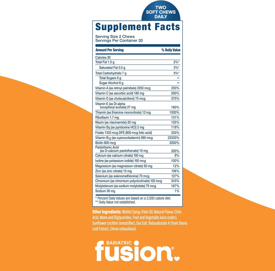 Bariatric Fusion Bariatric Multivitamin Soft Chew | Tropical Fruit Flavor | Chewy For Post Bariatric Surgery Patients Including Gastric Bypass And Sleeve Gastrectomy | 60 Count | 1 Month Supply