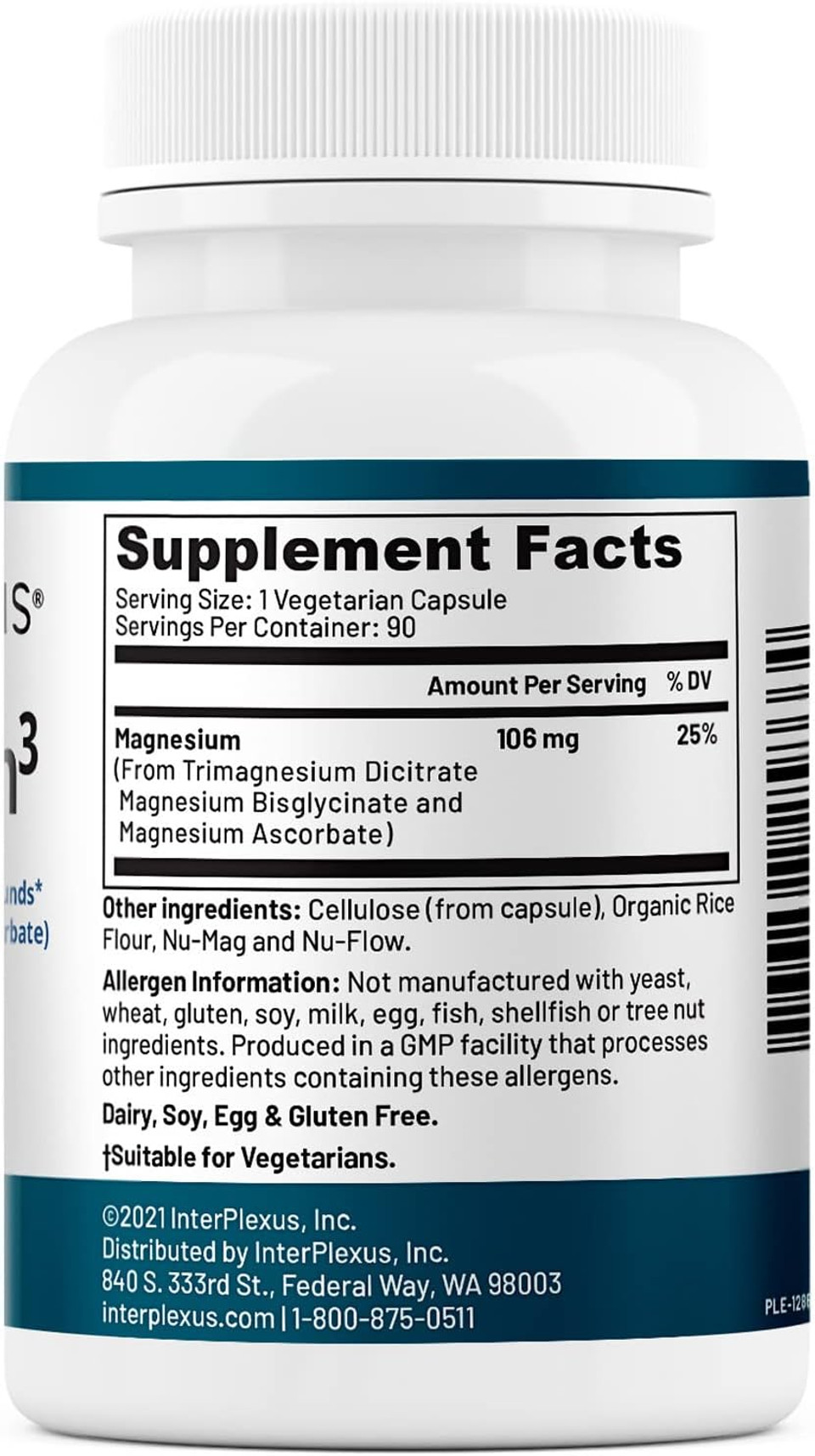 Interplexus Magnesiumã¢Â³ - Highly Bioavailable Magnesium Compounds (Magnesium Citrate, Bisglycinate & Ascorbate) - Gluten Free, Dairy Free, Soy Free - 90 Capsules (90 Servings)