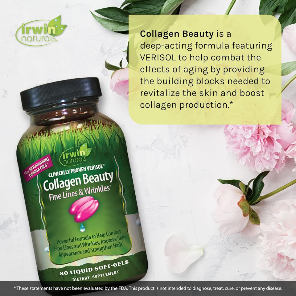 Irwin Naturals Collagen Beauty - 80 Liquid Softgels, Pack Of 2 - Helps Combat Fine Lines & Wrinkles, Improves Skin Appearance & Strengthens Nails - 26 Total Servings
