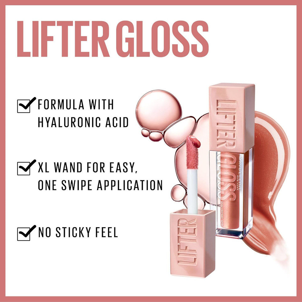 Maybelline Lifter Gloss, Hydrating Lip Gloss With Hyaluronic Acid, High Shine For Plumper Looking Lips, Sand, Rose Neutral, 0.18 Ounce