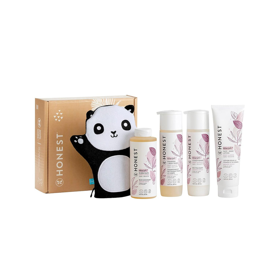The Honest Company Sweet Almond Bathtime Essentials Bundle | Shampoo + Body Wash, Conditioner, Face + Body Lotion, Bubble Bath, Panda Bath Mitt | Naturally Derived, Tear-Free, Hypoallergenic