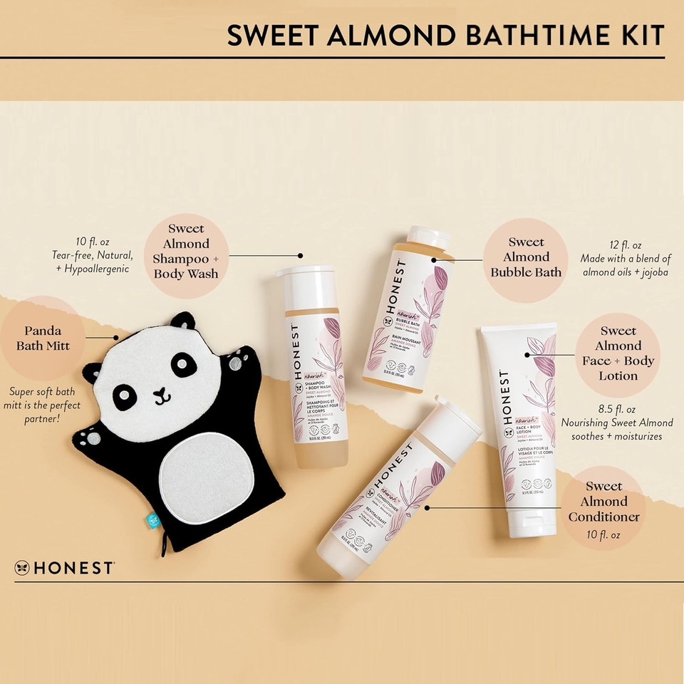 The Honest Company Sweet Almond Bathtime Essentials Bundle | Shampoo + Body Wash, Conditioner, Face + Body Lotion, Bubble Bath, Panda Bath Mitt | Naturally Derived, Tear-Free, Hypoallergenic