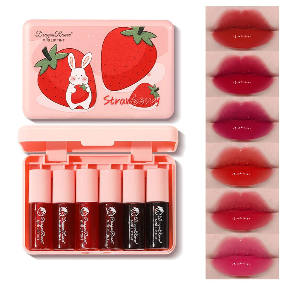 6 Colors Lip Tint Stain Set, Korean Velvet Watery Lip Stain Moisturizing Mini Liquid Lipstick, Multi-Use Lip And Cheek Tint, Long Lasting Non-Stick Cup Waterproof, Lip Color Makeupstrawberry Rabbit