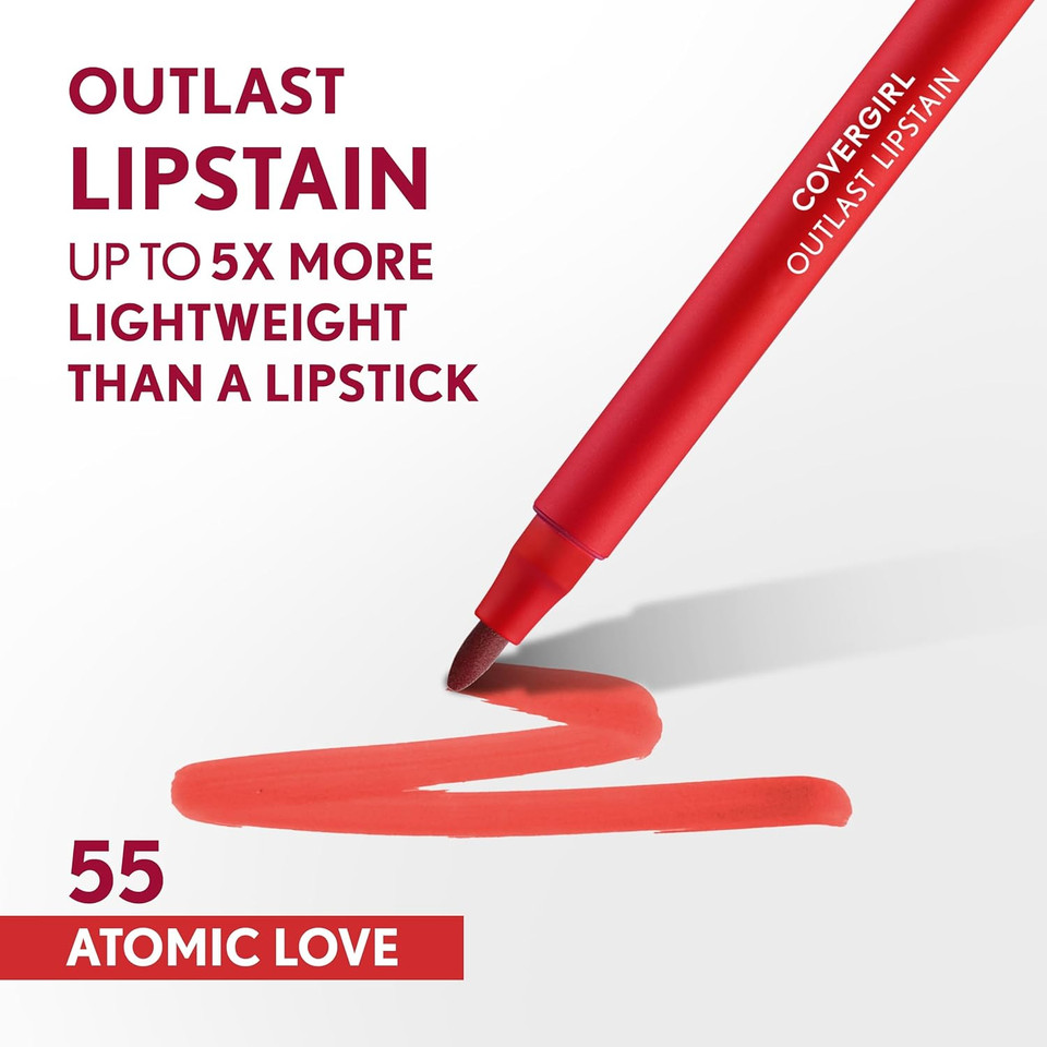 Covergirl Outlast, 55 Atomic Love, Lipstain, Smooth Application, Precise Pen-Like Tip, Transfer-Proof, Satin Stained Finish, Vegan Formula, 0.06Oz55 Atomic Love