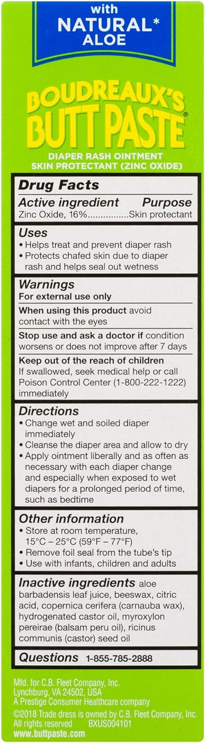 Boudreaux'S Butt Paste With Natural* Aloe Diaper Rash Cream, Ointment For Baby, 4 Oz Tube