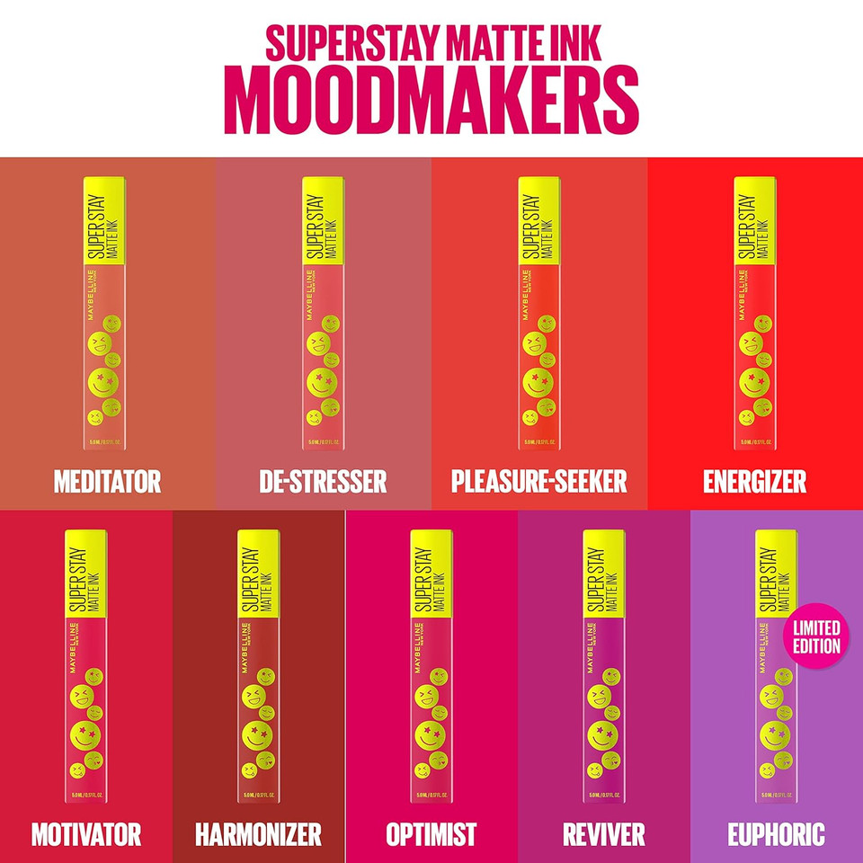 Maybelline Super Stay Matte Ink Liquid Lip Color, Moodmakers Lipstick Collection, Long Lasting, Transfer Proof Lip Makeup, Energizer, Bright Red, 1 Countenergizer