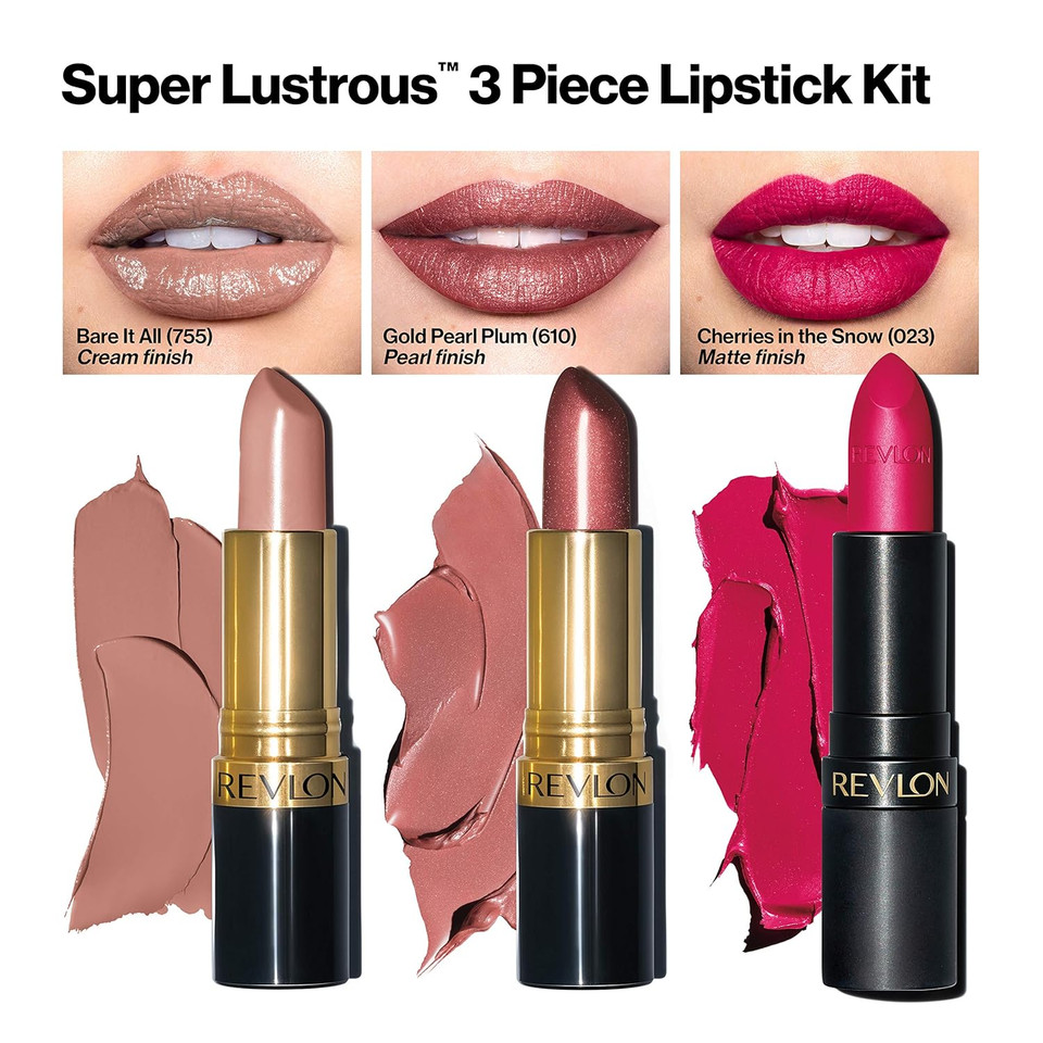 Revlon Lipstick Set, Super Lustrous 3 Piece Gift Set, High Impact, Multi-Finish In Cream, Pearl & Matte, Pack Of 3