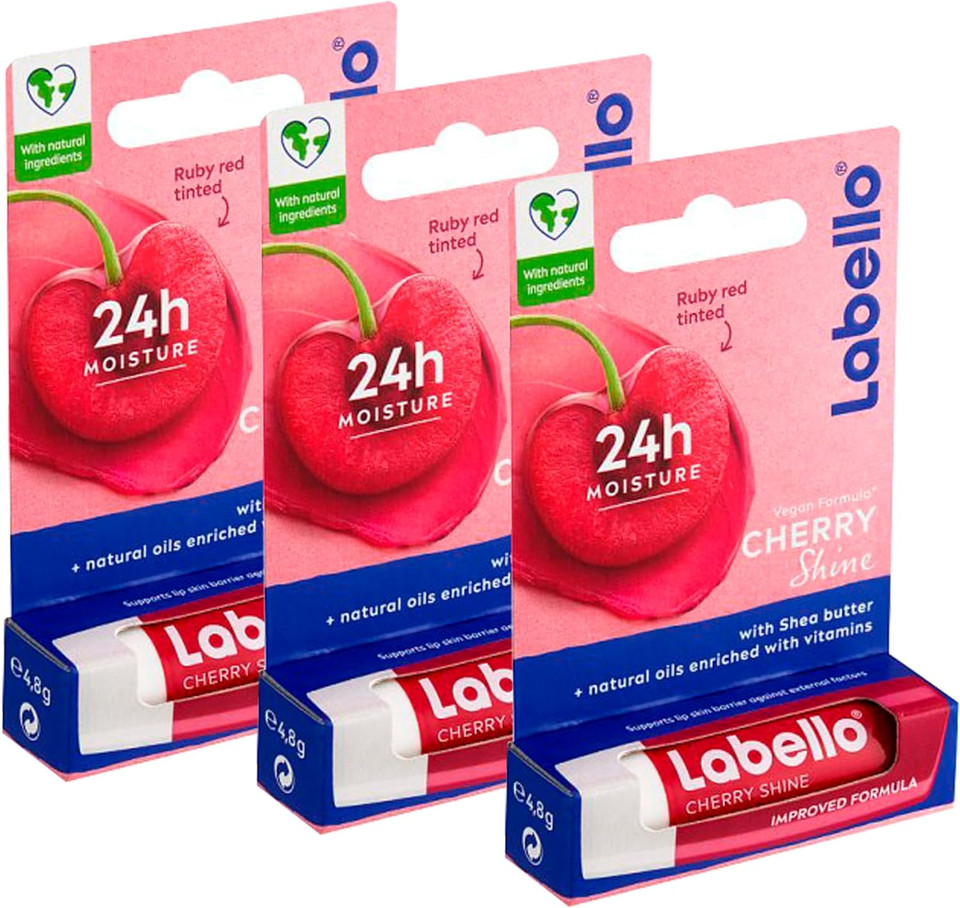 3 Labello Cherry Fruity Shine Lip Balm Stick Care Beauty Soft Smooth Spf 10 New