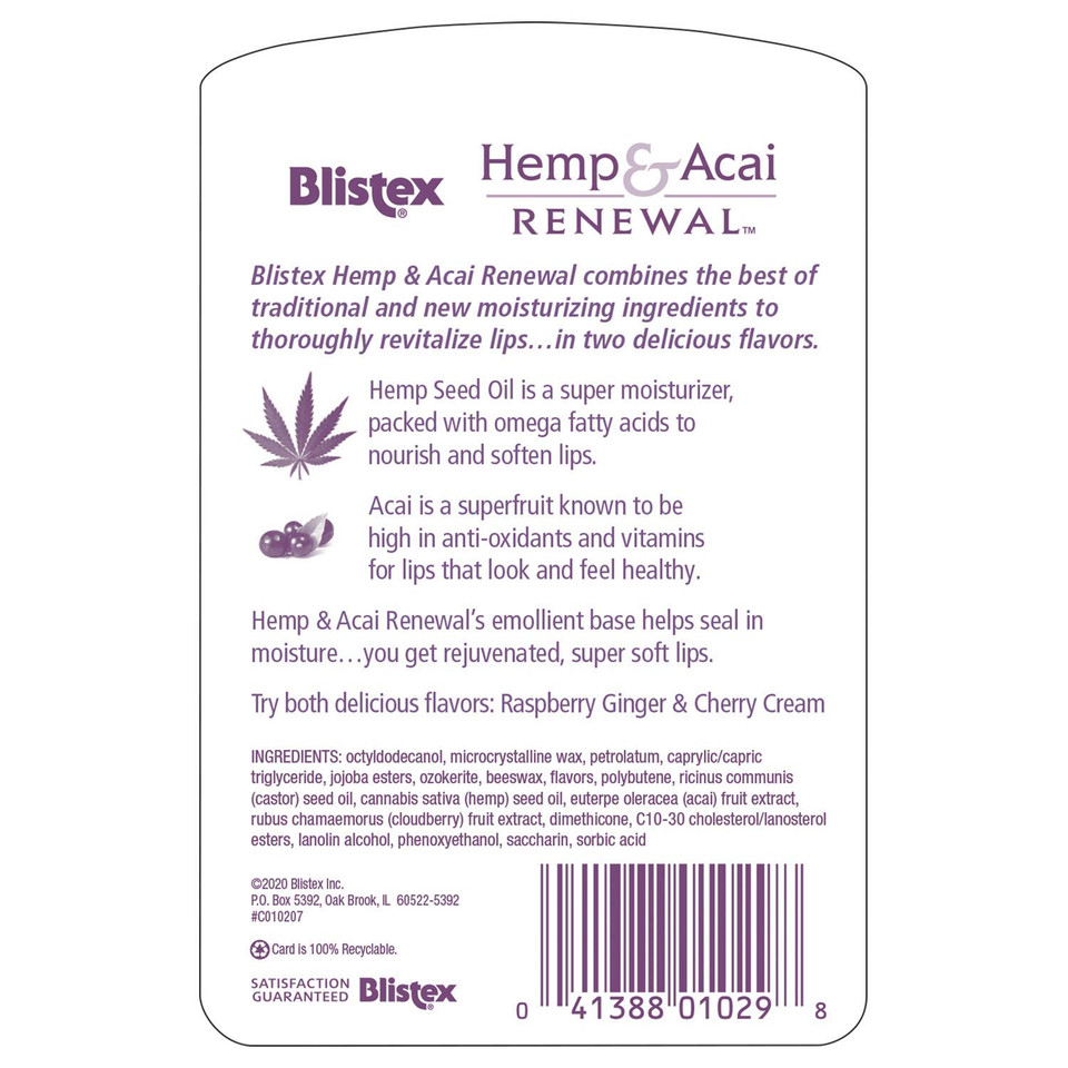 Blistex Hemp & Acai Renewal Lip Balm, 0.30 Ounce, 2 Count – Raspberry Ginger & Cherry Cream, Moisturizing Lip Balm, Super Fruit Benefits, Nourishes & Conditions Lips