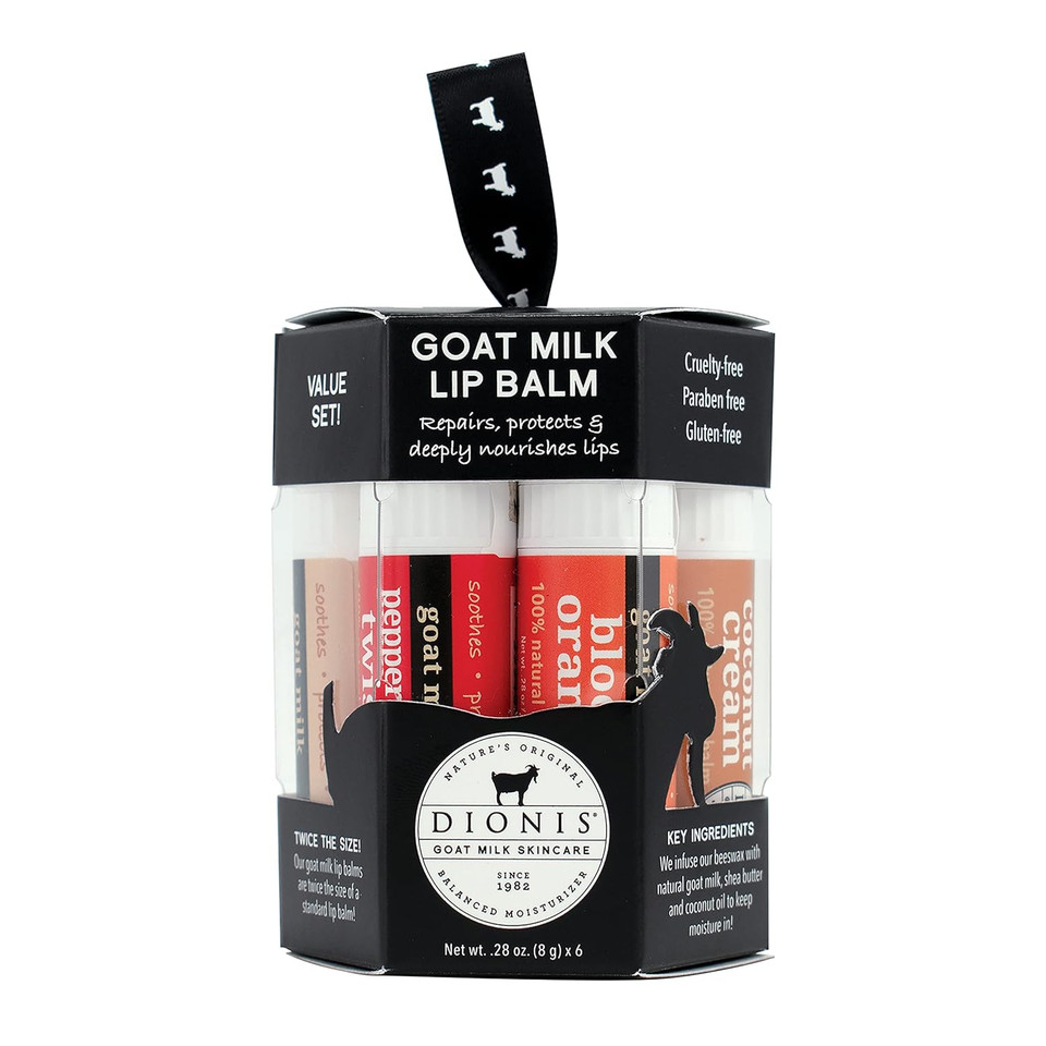 Dionis Goat Milk Moisturizing Lip Balm Gift Ornament For Holiday Stocking Stuffers - Beeswax, Shea Butter & Coconut Oil Infused Lip Care Product, Lip Balm For Self Care Gifts, 0.28Oz Set Of 6
