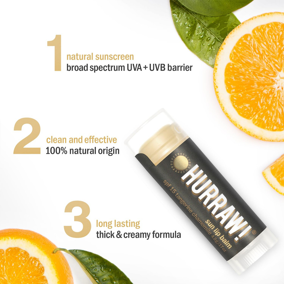 Hurraw! Sun Lip Balm (Zinc Oxide Protection, Broad Spectrum Spf 15, Tangerine, Chamomile), 5 Pack: Organic, Certified Vegan, Gluten Free. Non-Gmo, All-Natural. Bee, Shea, Soy & Palm Free. Made In Usa