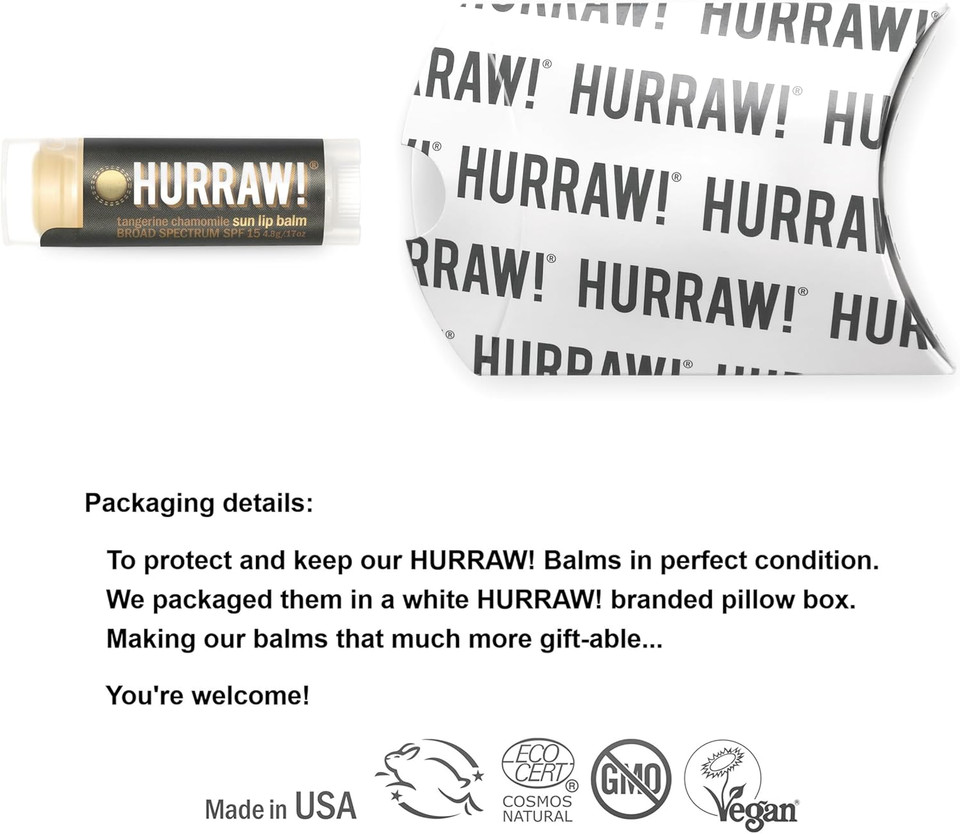 Hurraw! Sun Lip Balm (Zinc Oxide Protection, Broad Spectrum Spf 15, Tangerine, Chamomile): Organic, Certified Vegan, Gluten Free. Non-Gmo, 100% Natural. Bee, Shea, Soy And Palm Free. Made In Usa