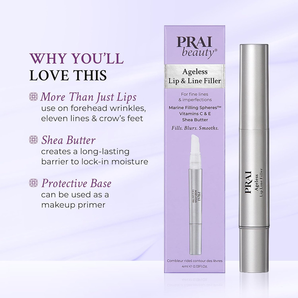 Prai Beauty Ageless Lip And Line Filler For Instantly Ageless Lips | Lip Serum That Plumps, Smooths, & Fills In Lines | Moisturizing Lip And Line Filler With Vitamins C & E To Boost Collagen | 0.13 Oz