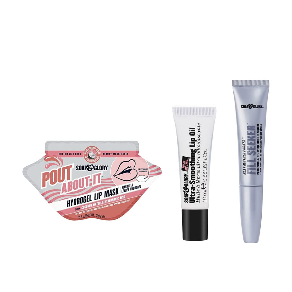 Soap & Glory Perfect Pout Trio - Pout About It Hydrogel Lip Mask (2.5G) - Sexy Mother Pucker Fill Seeker Lip Plumper & Rejuvenating Serum (0.5 Fl Oz) - Treat My Lips Ultra-Smoothing Lip Oil (10 Ml)