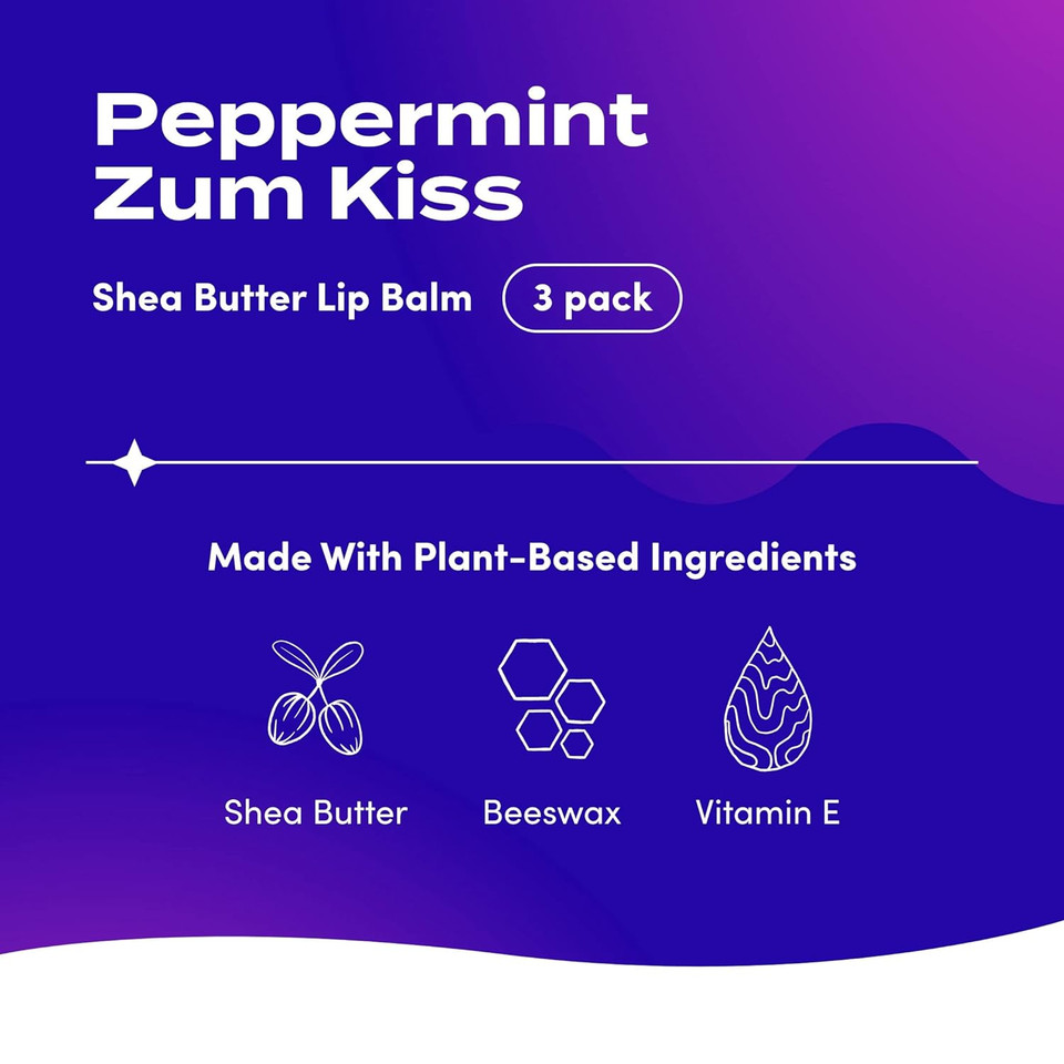 Zum Peppermint Kiss Stick (Pack Of 3) With Certified Organic Sunflower Seed Oil, Beeswax, Shea Butter, Pure Essential Oils, Candelila Wax, Vitamin E And Honey, 0.15 Oz
