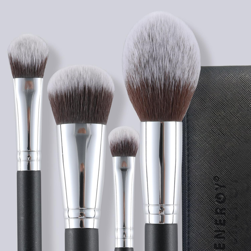 Energy Makeup Brush Set Premium Foundation,Bronzer,Blush,Concealer,Eyeshadow Contour With Liquid Cream Powders Blending Highlighting Buffing Professional Essential Face Brushes With Travel Case 4Pcs