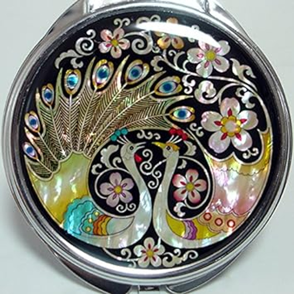 Antique Alive Mother Of Pearl Peacock Pair And Flower Design Double Compact Magnifying Purse Mirrormulti-Color