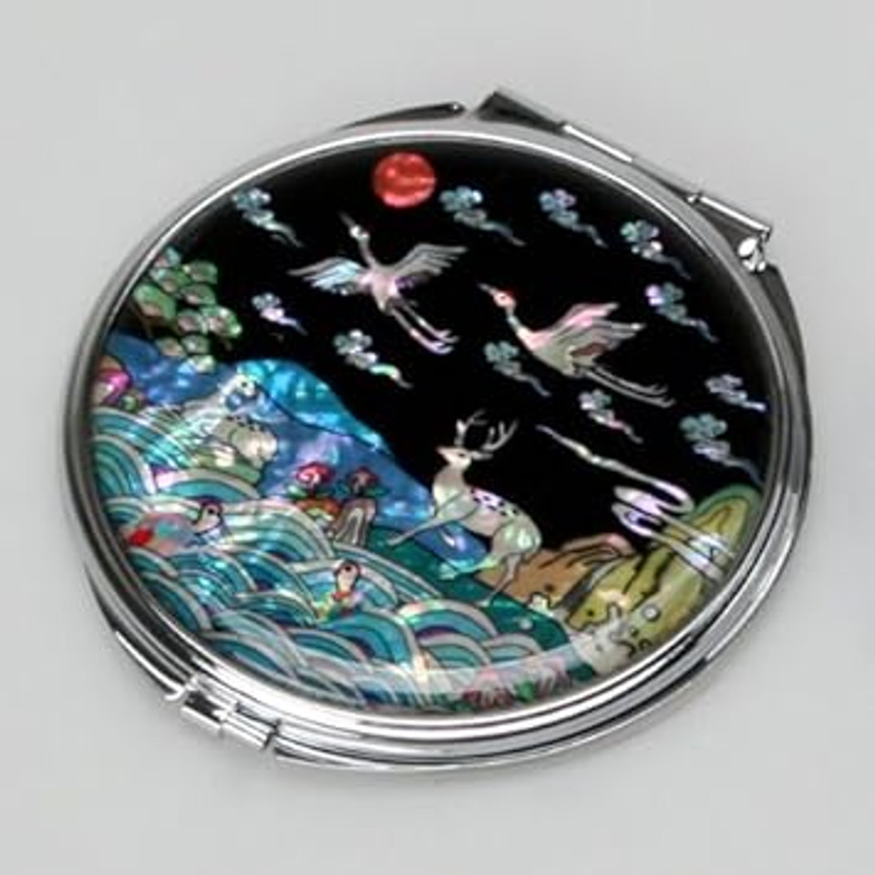 Mother Of Pearl Animal Design Compact Cosmetic Makeup Metal Mirror With 10 Creatures Of Longevity Designlongevity Animals
