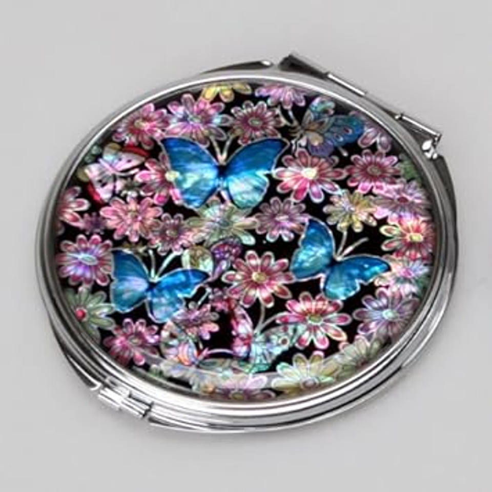 Mother Of Pearl Design 2-Sided 2X/1X Magnification Compact Mirror, Pocket Travel Makeup Mirror, Small Metal Portable Handheld Cosmetic Mirror For Purses, Gift For Mom Women (Blue Butterfly Flower)Blue Butterfly Flower