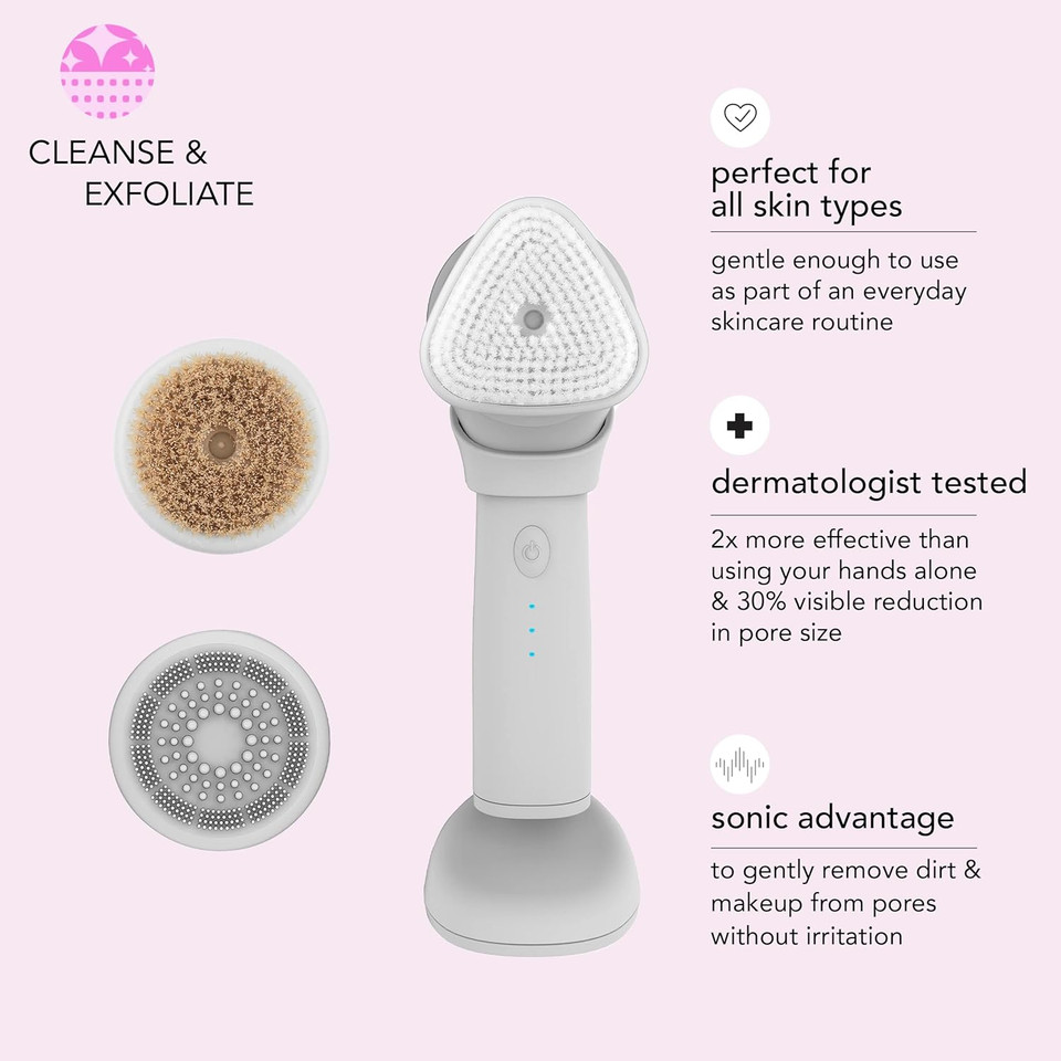 Skn By Conair Daily Glow Sonic Facial Cleansing Brush, All-In-One Facial Brush Includes 3 Interchangeable Attachments For Complete Cleansing, Exfoliation, And Rejuvenation