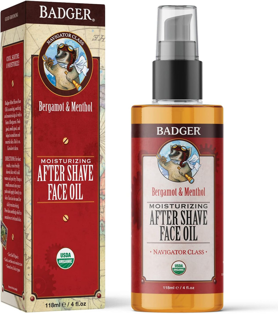 Badger - After-Shave Face Oil, Bergamot & Menthol, Moisturizing Aftershave Oil, Natural After Shave Face Oil For Men, 4 Fl Oz Glass Bottle