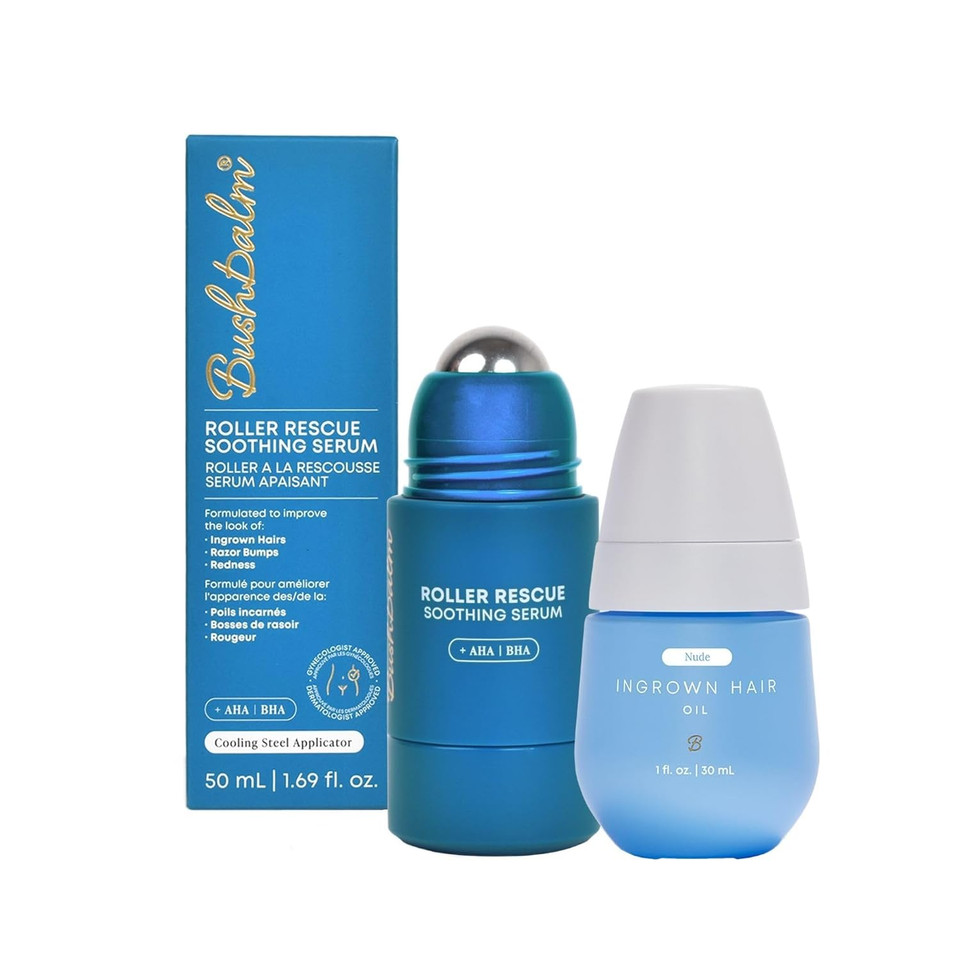 Bushbalm Roller Rescue Ingrown Hair Serum, Includes Aha And Bha - Exfoliating, Soothing, Cooling For Intimate Areas, Underarms - Helps With Razor Bumps And Ingrown Hairs, Blue 50 Ml