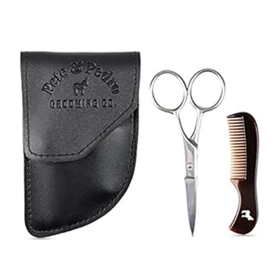 Pete & Pedro Beard Care & Mustache Comb + Stainless Steel Scissors Kit | Scissor Trims, Comb Styles & Detangles Knots, Mens Grooming Travel Kit with a Protective Leather Case | As Seen on Shark Tank