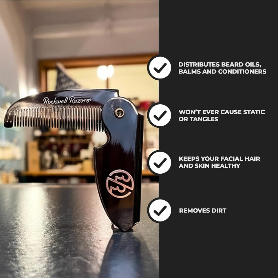 Rockwell Folding Beard & Moustache Comb - Pocket-Size, Durable, Anti-Static Acetate Comb | Supports A Healthy Beard And Moustache