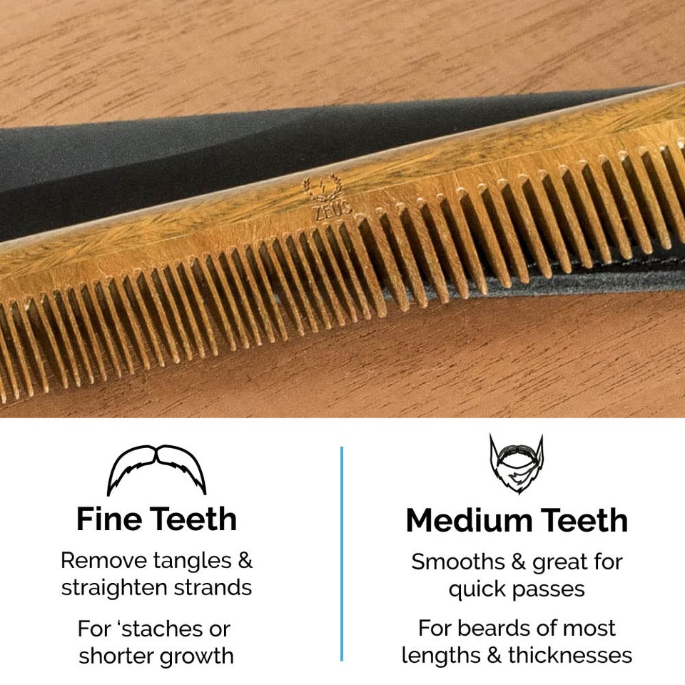 Zeus Sandalwood Beard & Mustache Comb W/Leather Sheath. Handmade Saw-Cut, Anti-Static Comb - L31