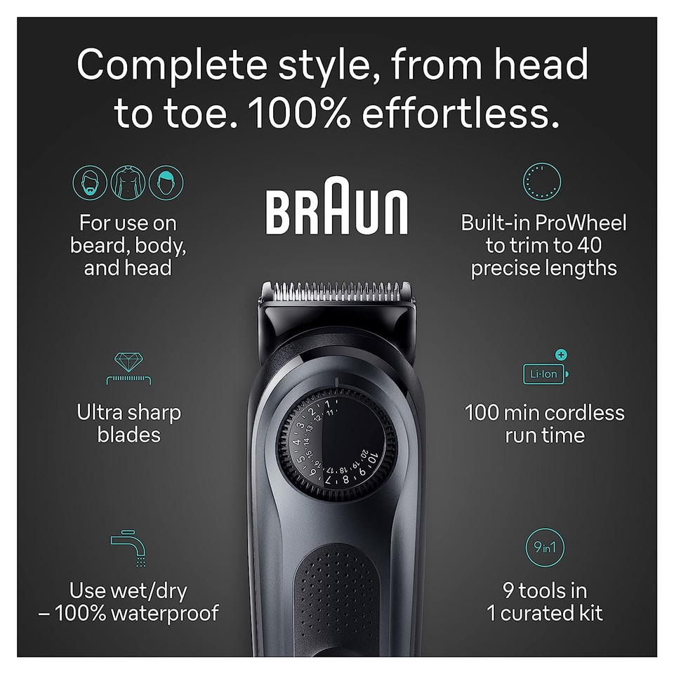Braun All-In-One Style Kit Series 5 5490, 9-In-1 Trimmer For Men With Beard Trimmer, Body Trimmer For Manscaping, Hair Clippers & More, Ultra-Sharp Blade, 40 Length Settings, Waterproof